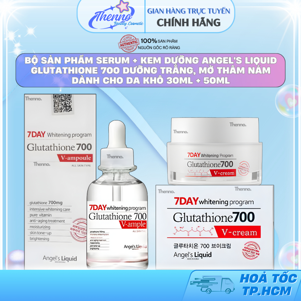 Bộ Sản Phẩm Serum + Kem Dưỡng Angel's Liquid Glutathione 700 Dưỡng Trắng, Mờ Thâm Nám Dành Cho Da Kh