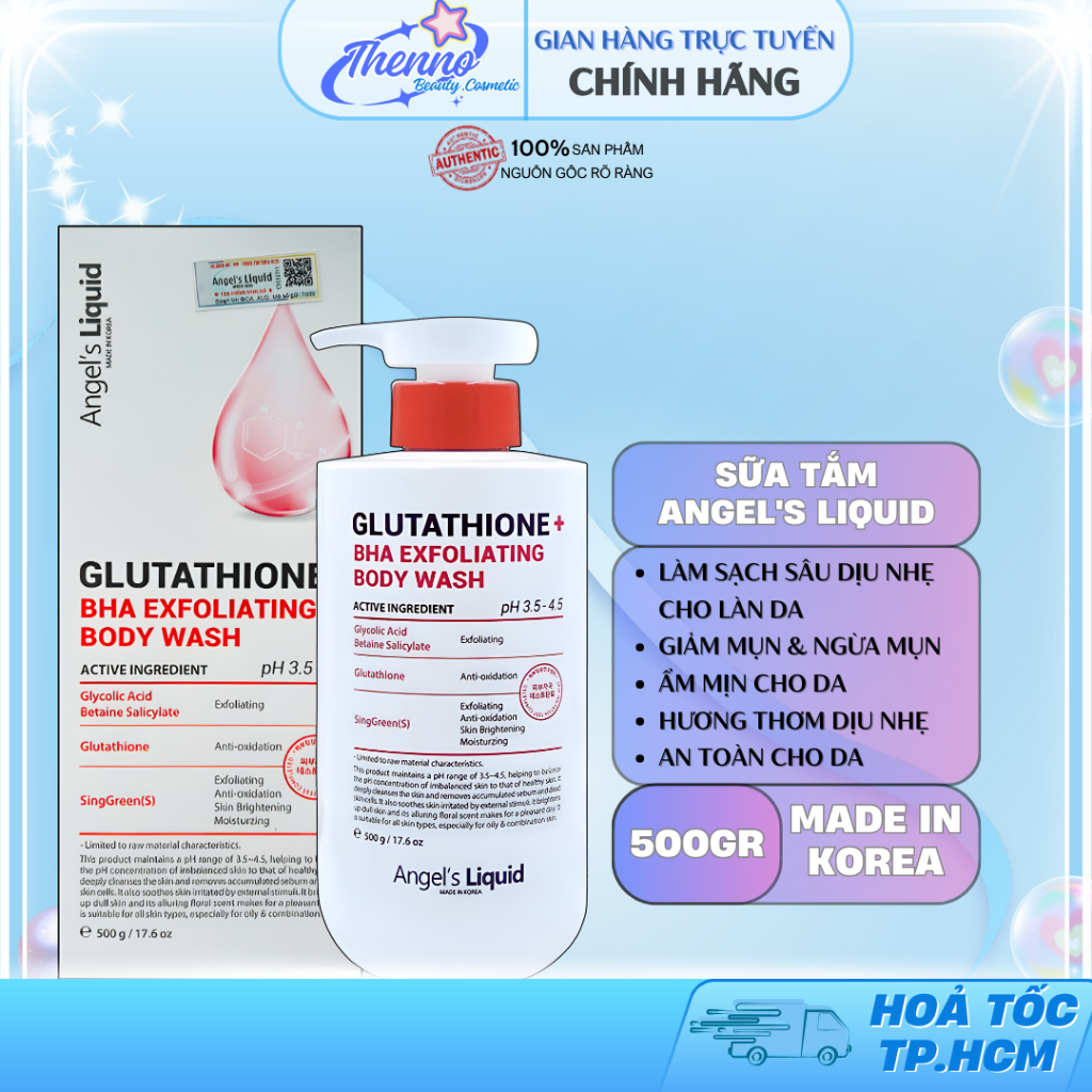 Sữa Tắm Dưỡng Ẩm,Làm Dịu Da Angel's Liquid Glutathione BHA Exfoliating Body Wash 500g Hàn Quốc