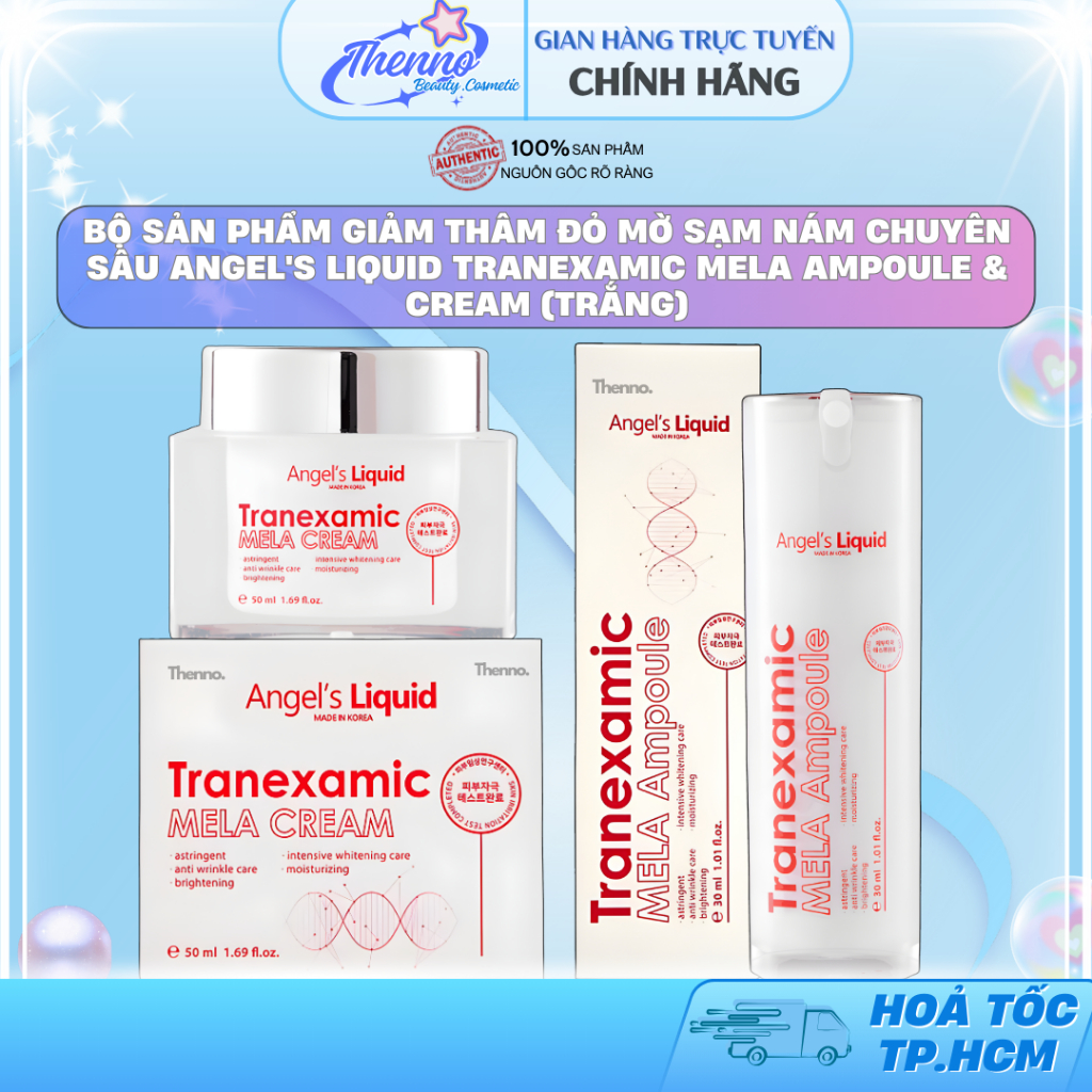 Bộ Sản Phẩm Giảm Thâm Đỏ Mờ Sạm Nám Chuyên Sâu Angel's Liquid Tranexamic Mela Ampoule & Cream (Trắng