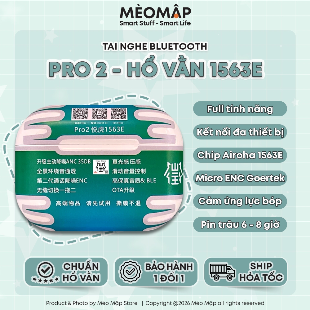 [ PRO 2 - 1563E ] Tai Nghe Bluetooth Pro2 - Hổ Vằn 1563E - Chống Ồn Xuyên Âm 40Db - Mèo Mập Store