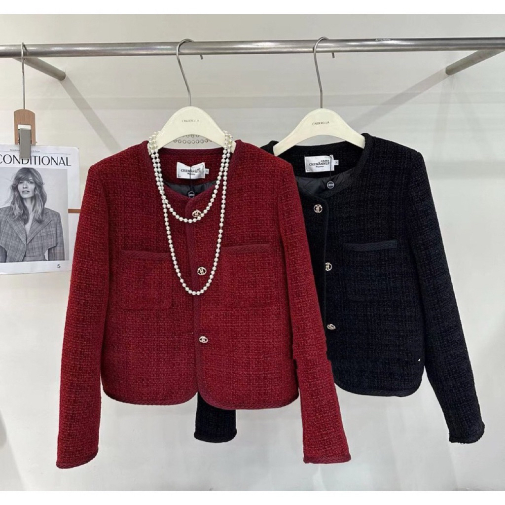 Áo dạ tweed đỏ trần lông vũ QCCC