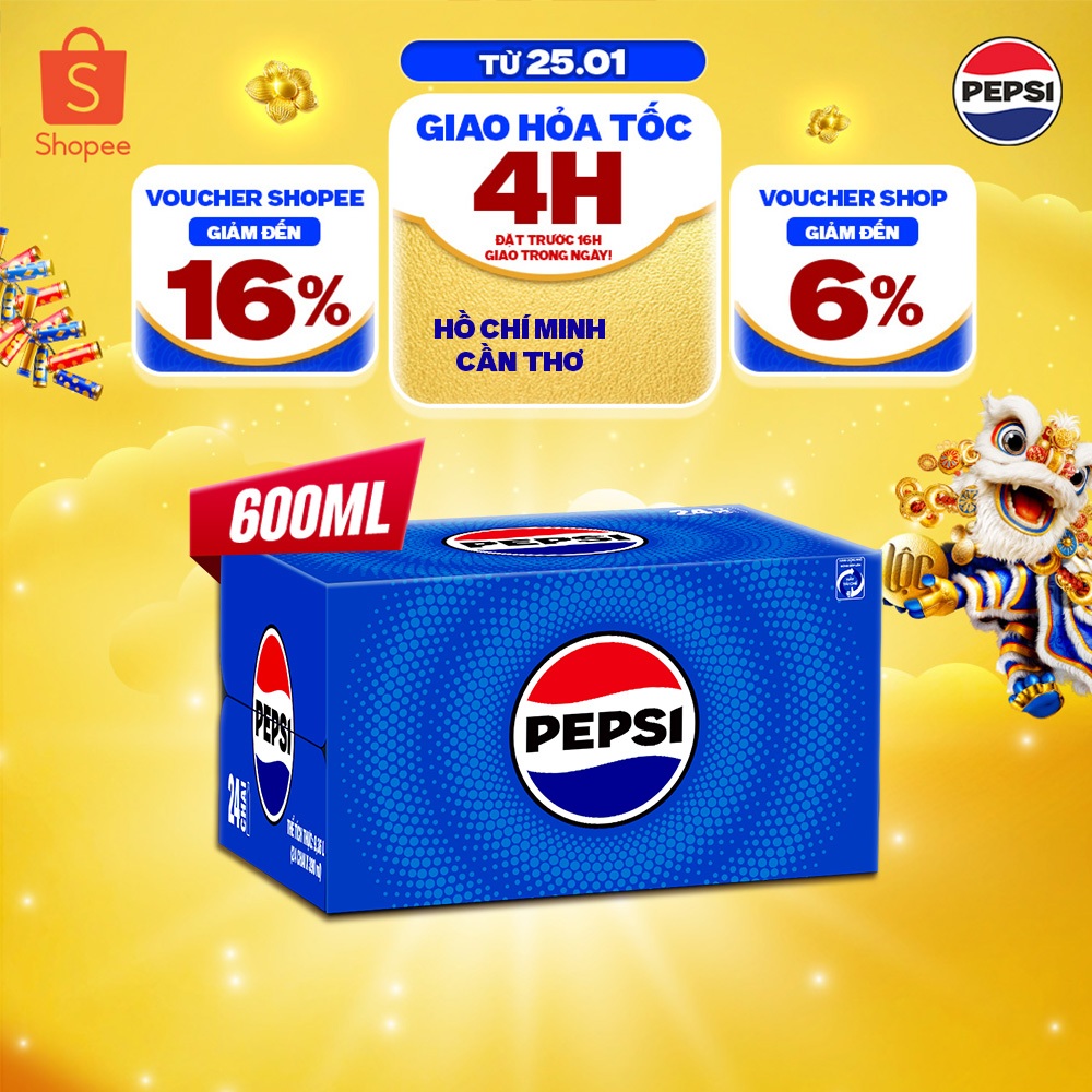 [SALE TẾT] Thùng 24 Chai Nước Ngọt Giải Khát Có Gaz Pepsi (600ml/chai)