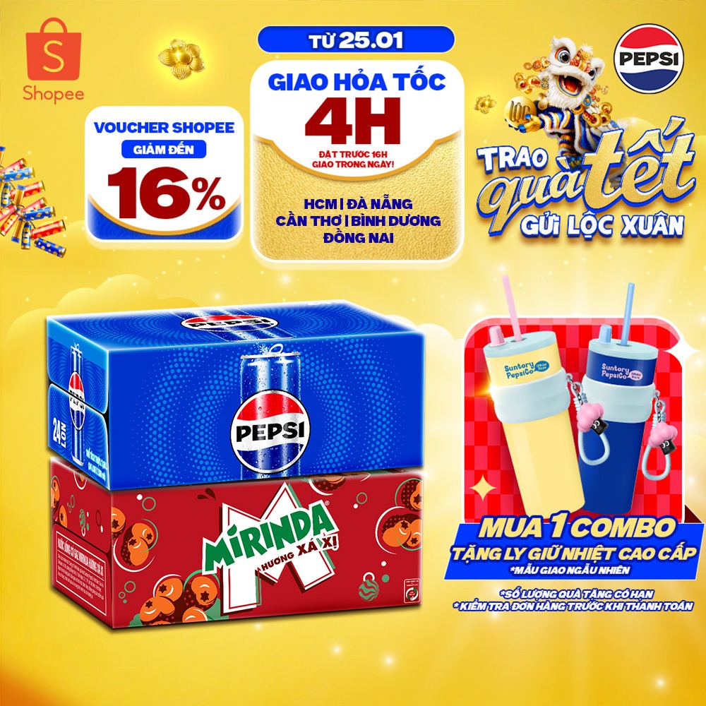 [SALE TẾT] Combo 1 Thùng Pepsi và 1 Thùng 24 Lon Mirinda Xá Xị (320ml hoặc 350ml/lon)