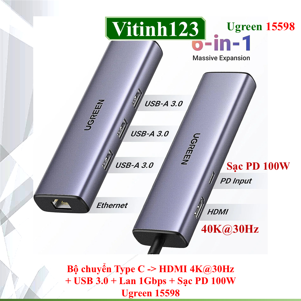 Bộ chuyển Type C ra HDMI,USB, LAN Ugreen 15598, Ugreen 45000