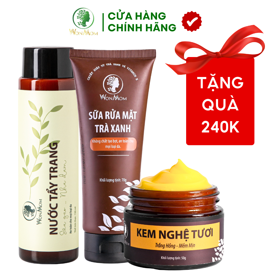 Combo Trắng Da Tối Giản WonMom ( 1 Sữa Rửa Mặt + 1 Nước Tẩy Trang + 1 Kem Nghệ Tươi )