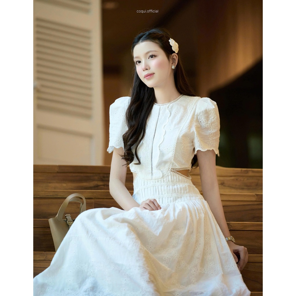 Đầm dự tiệc trắng dáng dài tiểu thư COQUI, váy đi tiệc thiết kế thanh lịch sang trọng MIRA DRESS (CÓ KHOÉT EO) | BigBuy360 - bigbuy360.vn