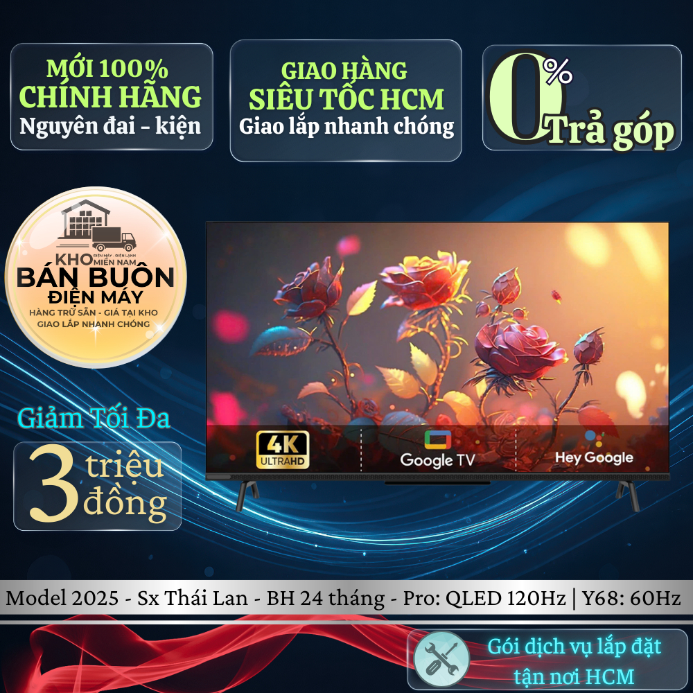 Coocaa Google TV 55 inch 4K 55Y68 | 55Y68 Pro 2025 – Thiết Kế Tràn Viền, Âm Thanh Dolby, Bảo Vệ Mắt