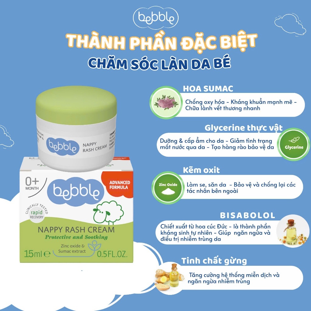 [CHÍNH HÃNG] Kem Hăm Tã, Mẩn Ngứa Bebble Nappy Rash Cream 15ML