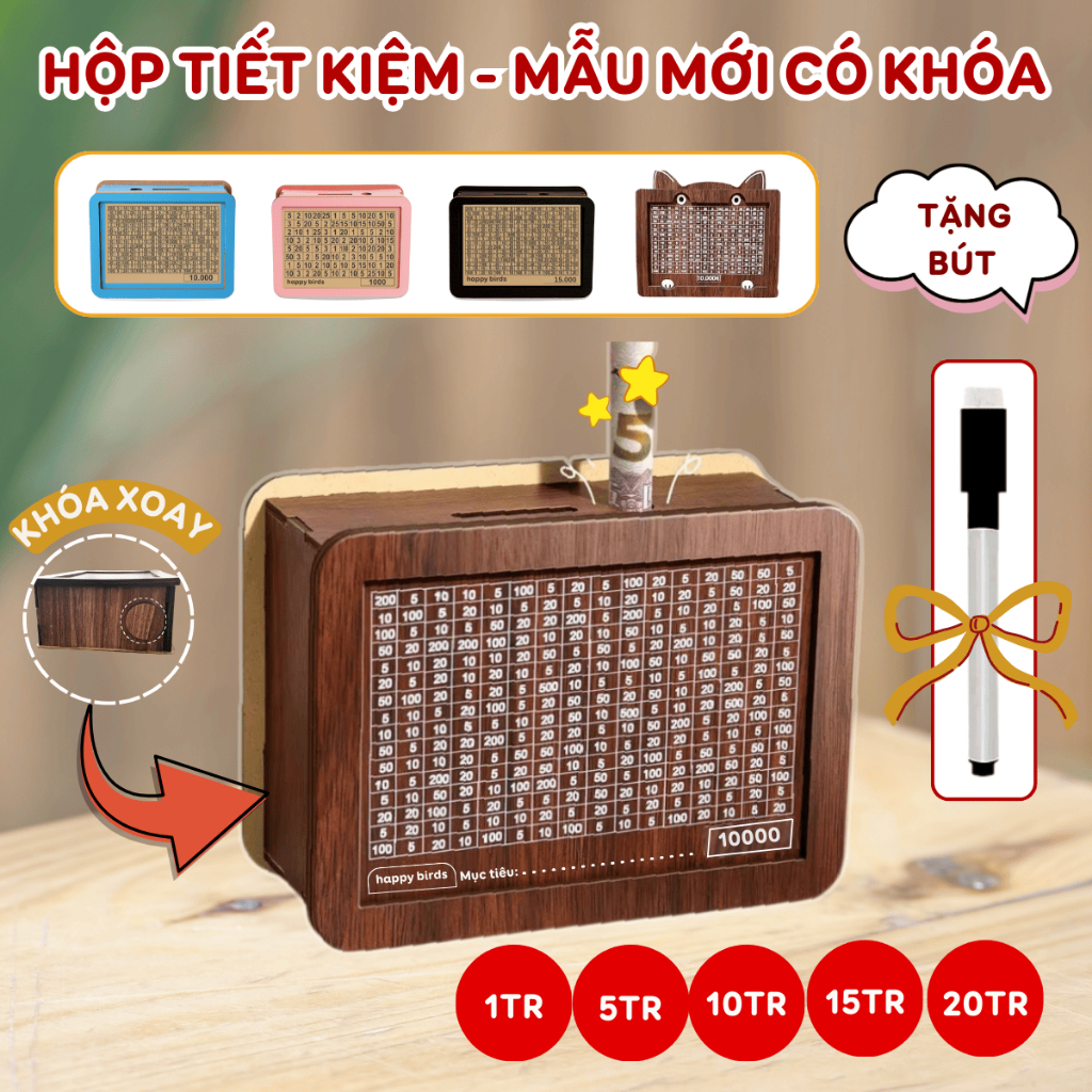 Hộp đựng tiền tiết kiệm bằng gỗ thử thách tiết kiệm 100 ngày giúp lên kế hoạch thông minh Zeno
