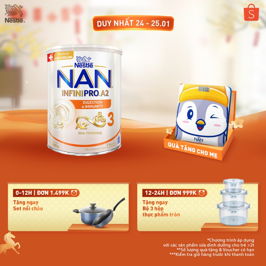 [LÔ MỚI] [Tặng cân điện tử] Sữa bột Nestlé NAN INFINIPRO A2 Số 3 800g Cho Bé 2-6 Tuổi Có Đạm A2, 6HM
