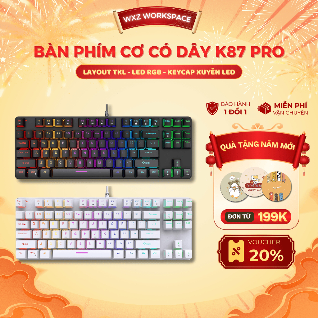 Bàn Phím Cơ K87 Pro RGB 87 Phím – Blue Switch Clicky, LED 16 Mode, Keycap Xuyên Đèn Chống Nước