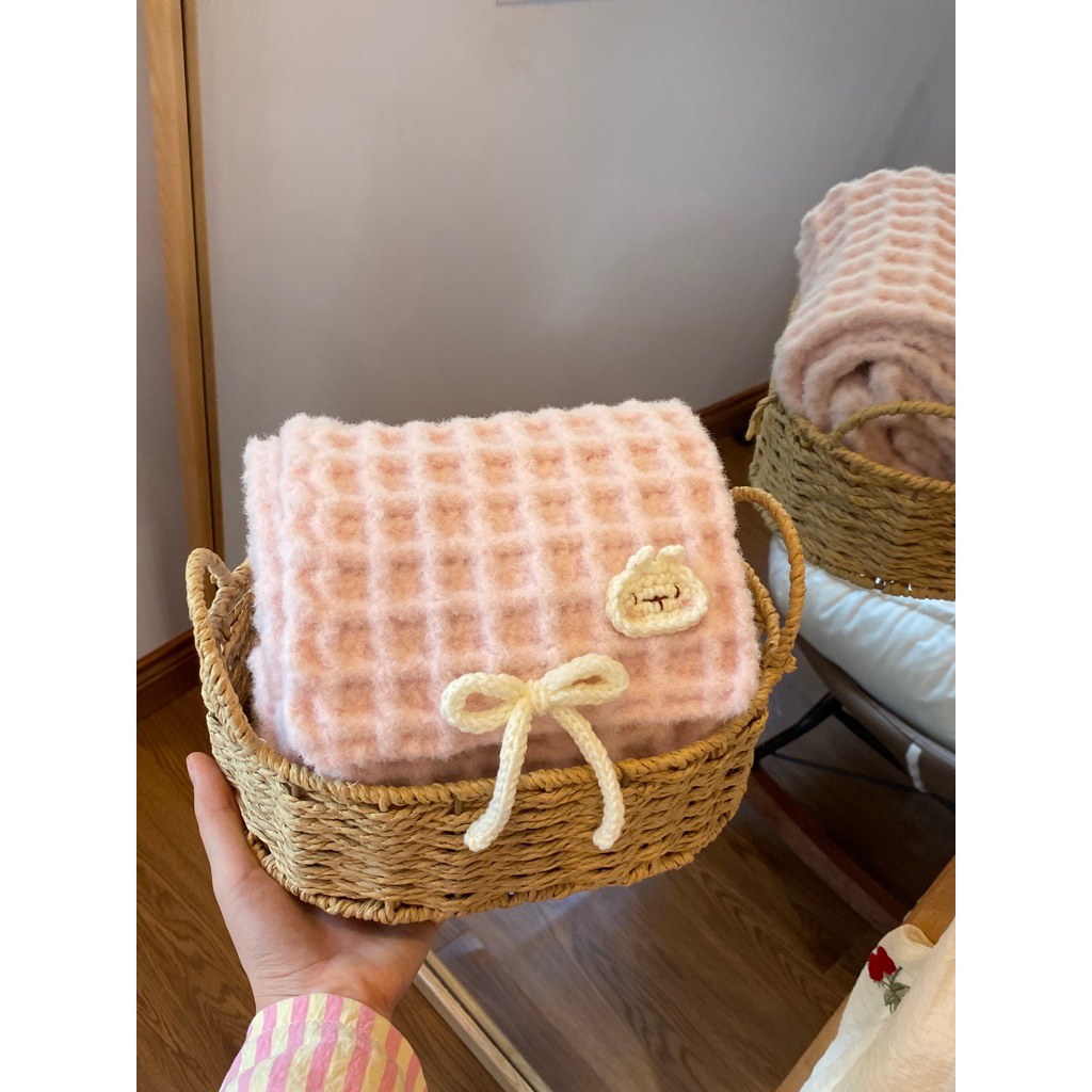Khăn len waffle hồng nhạt dễ thương