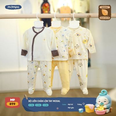Đồ bộ cho bé sơ sinh Mompa dài tay 0-9 tháng vải Modal thấm hút liền chân lộn tay cúc bấm 879