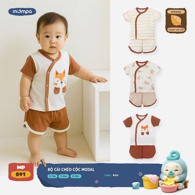Bộ cộc tay sơ sinh Mompa 0-9 tháng vải Modal thấm hút mềm mại co giãn cài chéo 891