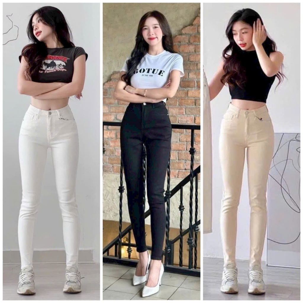 quần jean cạp cao co giãn 4 chiều 3 màu: đen, trắng, kem (size 35-90kg)