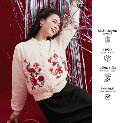512BO1002 - Áo khoác Bomber trắng chần bông thêu hoa ADORE