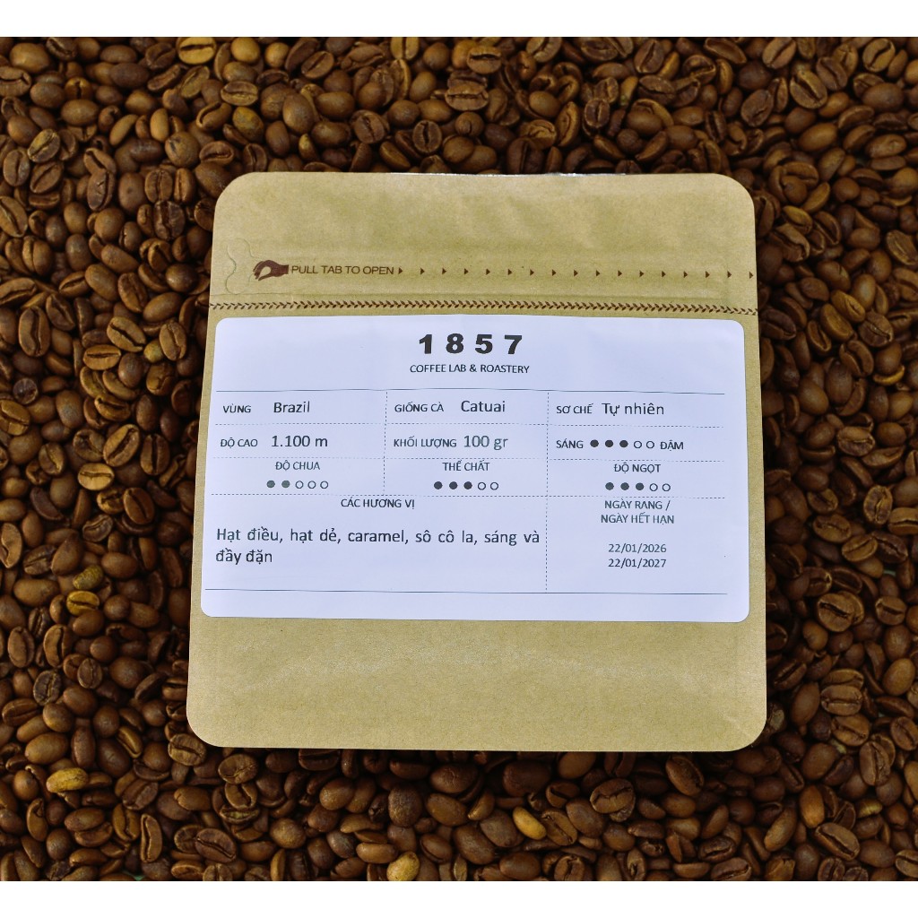 (Espresso/phin) Cà phê hạt Arabica đặc sản Catuai từ Brazil | Rang vừa đậm | 1857 Coffee Lab & Roast