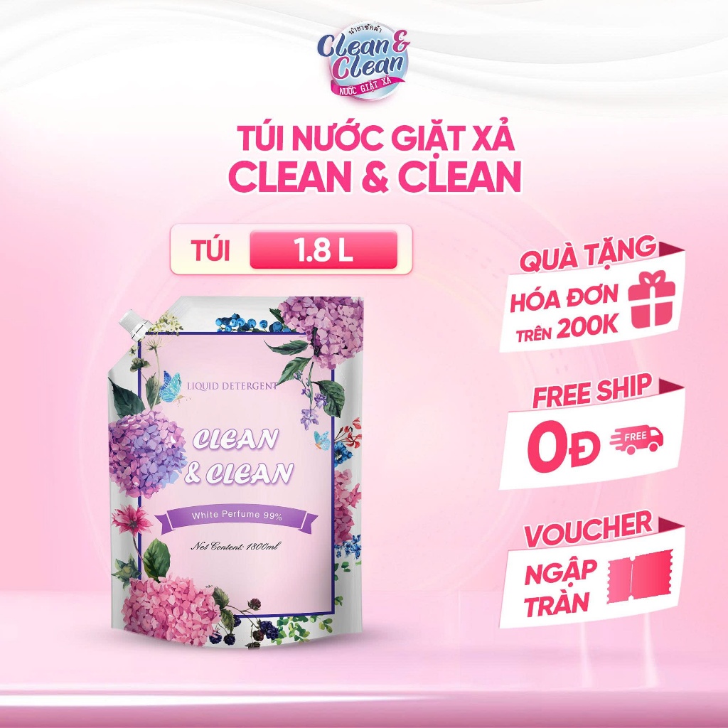 [XẢ HÀNG] Nước Giặt Clean&Clean 1800ml Hương Cẩm Tú Cầu, Siêu Thơm, Siêu Tiết Kiệm