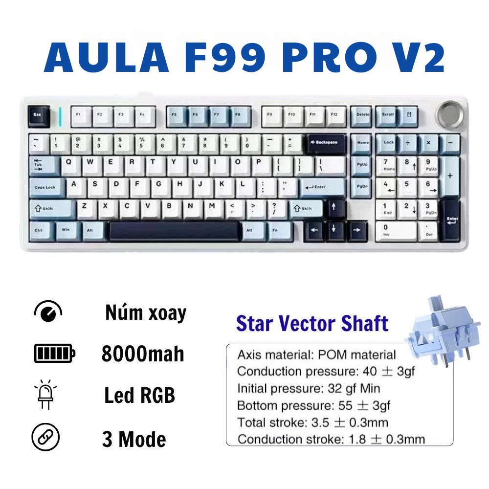 Bàn phím cơ AULA F99 Pro V2 với 3 mode kết nối, LED RGB và Hotswap