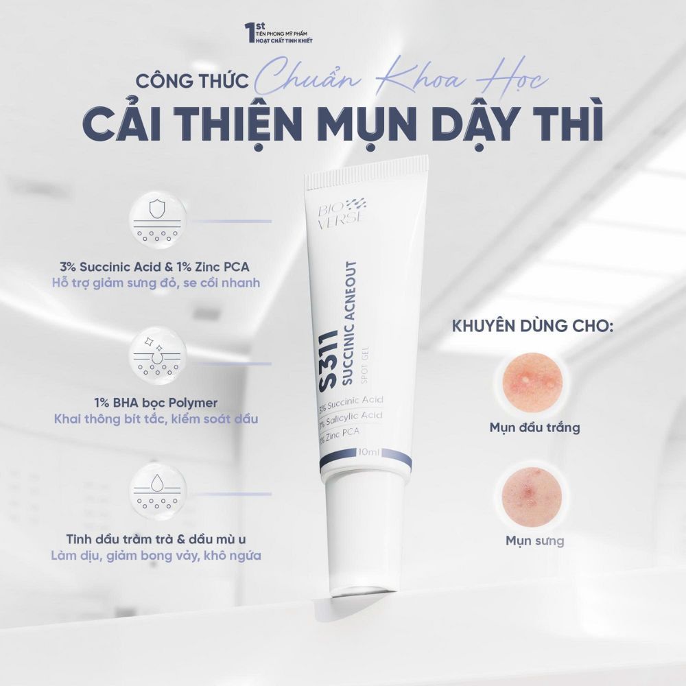 Ảnh 5 của Gel chấm mụn Bioverse S311 Succinic Acneout hỗ trợ giảm mụn và se cồi mụn.