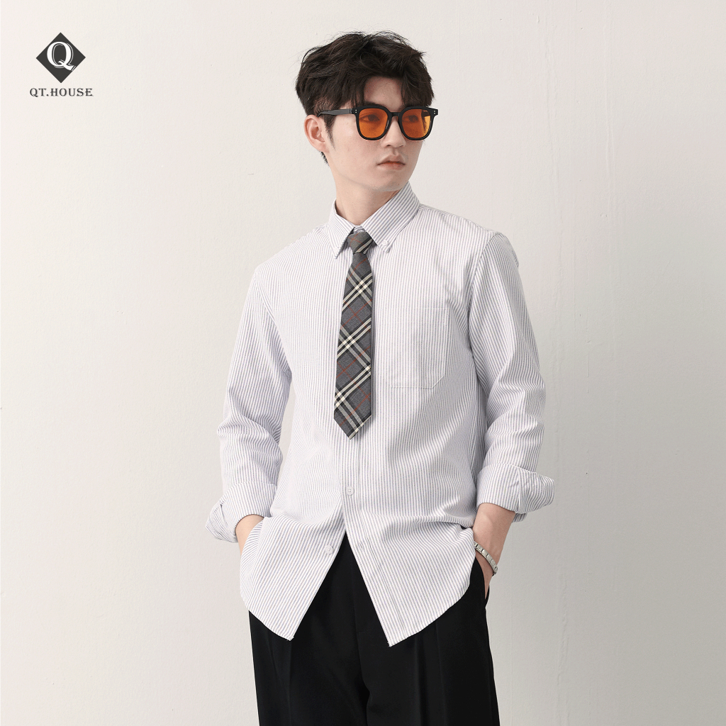 Áo Sơ Mi Dài Tay Qthouse Sọc Xanh Kẻ Oxford Form Ragularfit cổ Button down QTSM03 Menswear Nam