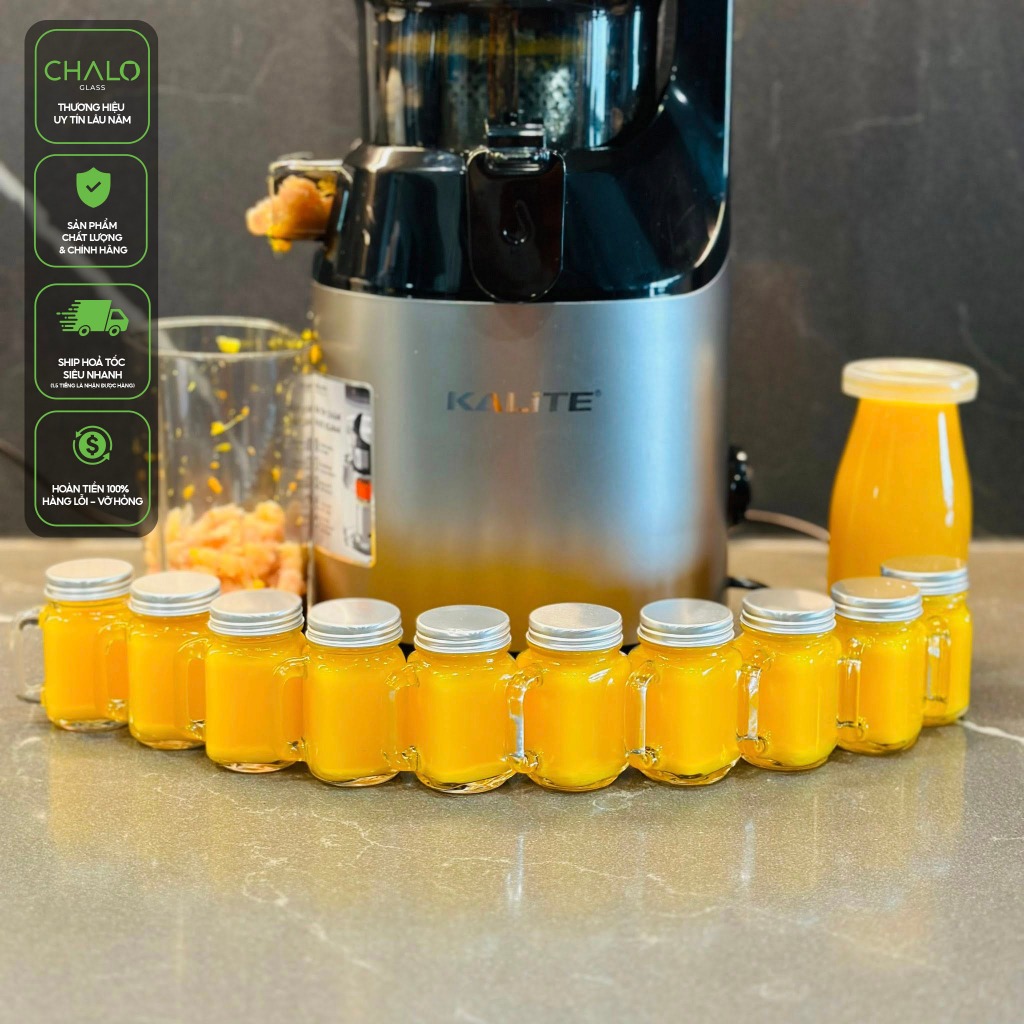 Ly thủy tinh có quai mini nắp nhôm đựng Ginger Shot, Juice Shot 40ml ~ 120ml