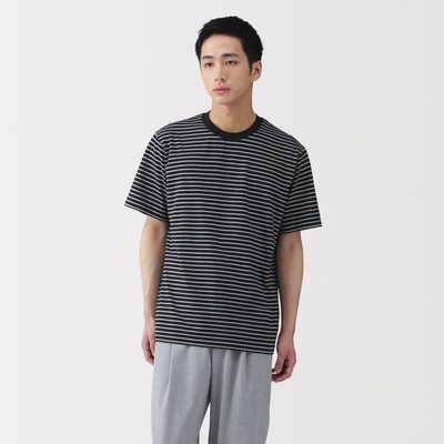 [26SS] MUJI Áo Thun Nam Vải Jersey Kẻ Sọc Cổ Tròn Tay Ngắn