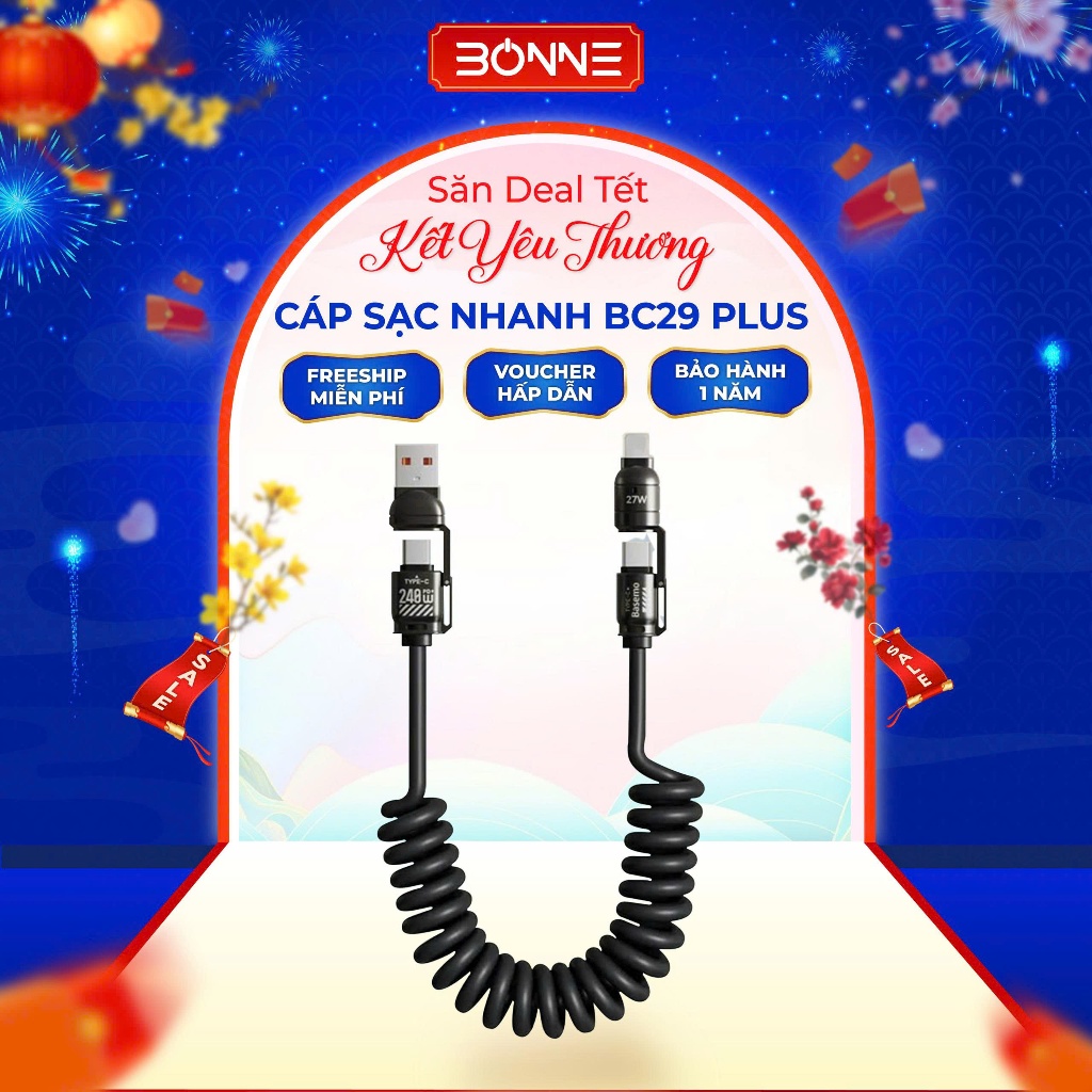 Cáp Sạc Lò Xo Đa Năng BC29 PLUS Sạc Nhanh 240W, Cáp Sạc Nhanh 4 IN 1 Chống Rối, Sạc Nhanh 240W
