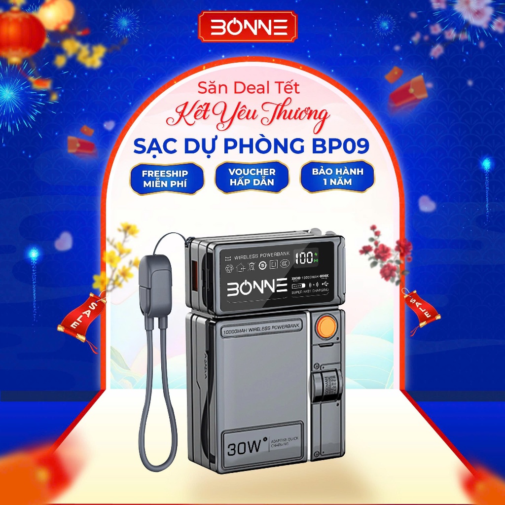 Sạc Dự Phòng Kiêm Củ Sạc 30W BP09 Chính Hãng BONNE Dung Lượng 10.000mAh, Hỗ Trợ Sạc Không Dây 15W