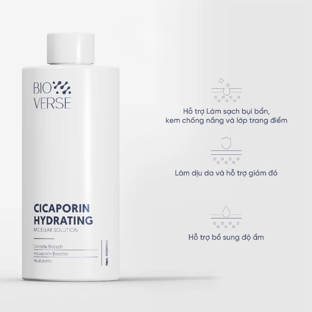 Ảnh 6 của Nước tẩy trang Bioverse Mineral Acne Micellar Solution, Cicaporin Hydrating Micellar làm sạch, dịu nhẹ.