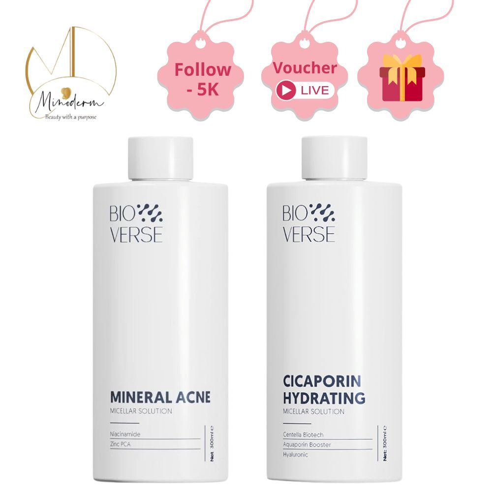 Nước tẩy trang Bioverse Mineral Acne Micellar Solution, Cicaporin Hydrating Micellar làm sạch, dịu nhẹ.