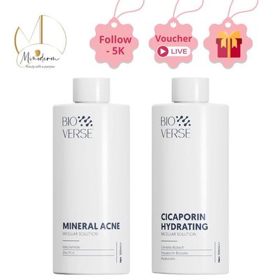 Nước tẩy trang Bioverse Mineral Acne Micellar Solution, Cicaporin Hydrating Micellar làm sạch, dịu nhẹ.