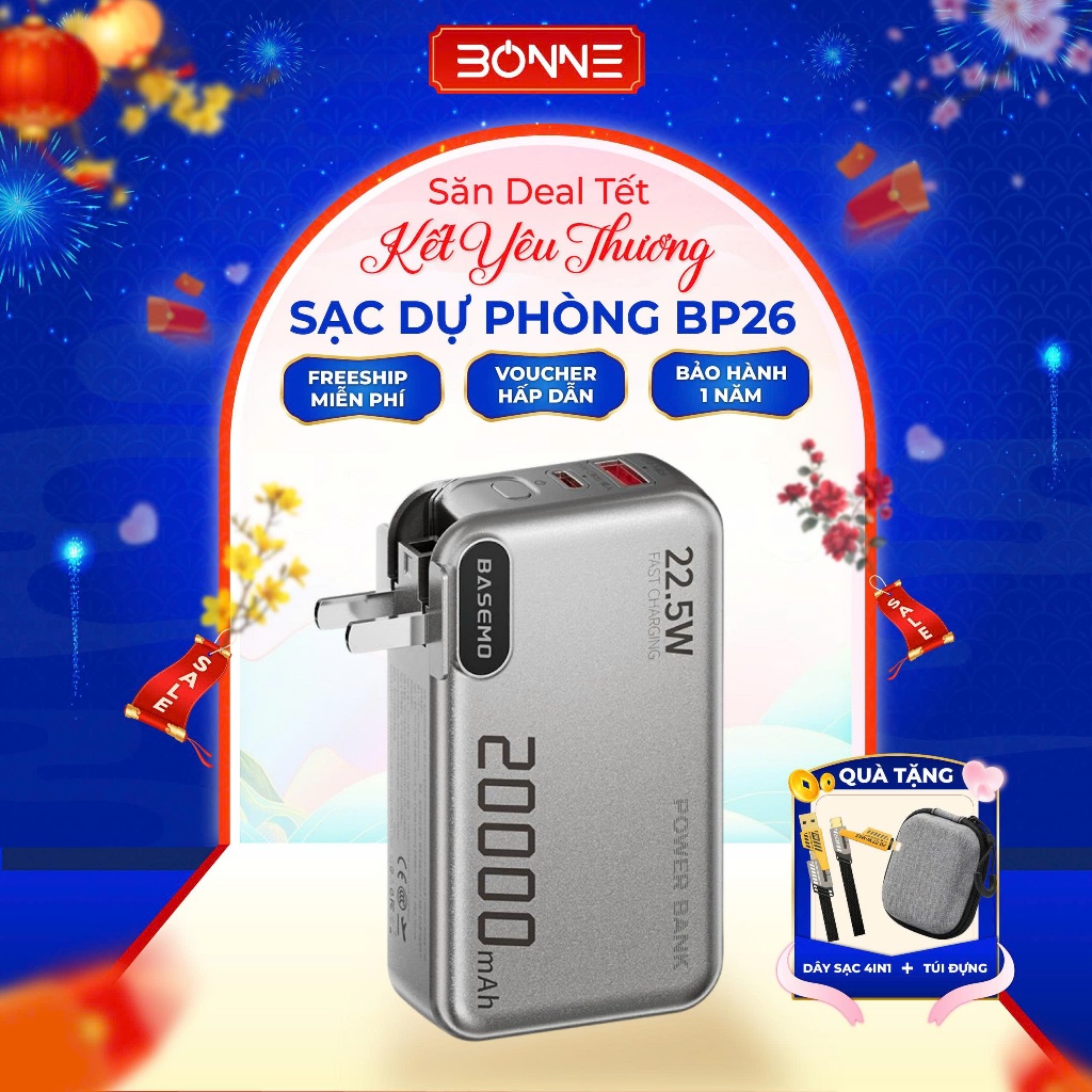 [ĐỘC QUYỀN LIVE] Sạc Dự Phòng BONNE BP26 20000mAh 22.5W – Tích Hợp Dây Sạc & Củ Sạc Nhanh – Sạc PD 2