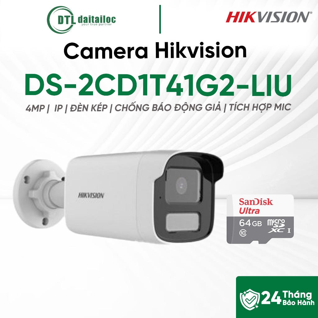 Camera Hikvision DS-2CD1T41G2-LIU (4M/ IP/ ĐÈN KÉP/ CHỐNG BÁO ĐỘNG GIẢ/ TÍCH HỢP MIC) | Chính Hãng |