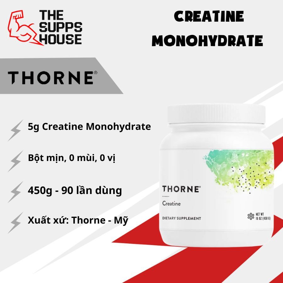 Bột tăng cơ Thorne Creatine (450g- Unflavored) căng phồng cơ bắp, cải thiện sức mạnh và sức bền