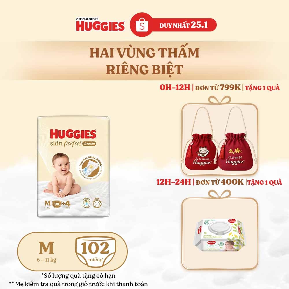 Tã quần Huggies Skin Perfect Mega Jumbo M98/ L88/XL72+4/XXL64+4 với 2 vùng thấm giảm kích ứng da