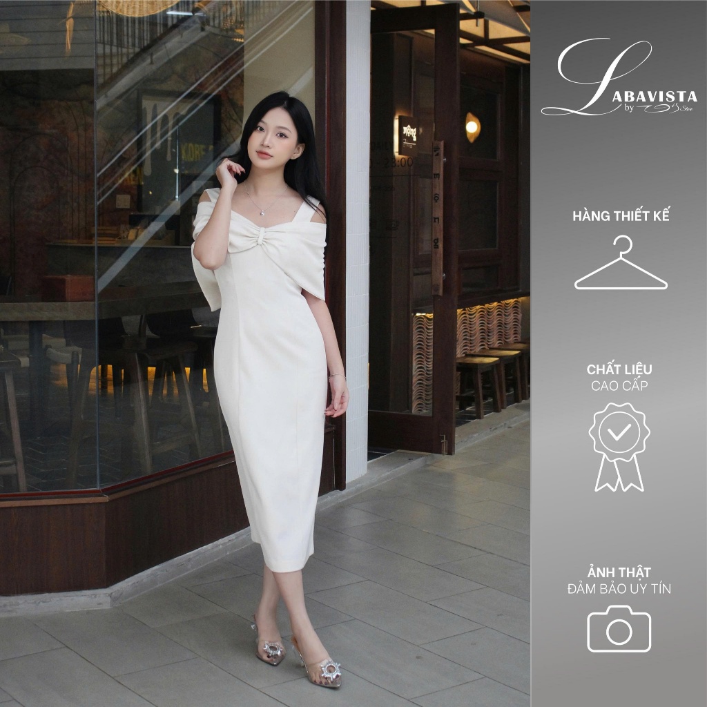 LABAVISTA ĐẦM MIDI ĐI TIỆC THIẾT KẾ NƠ CHOÀNG VAI CÁCH ĐIỆU PHONG CÁCH THANH LỊCH B523 SANG TRỌNG