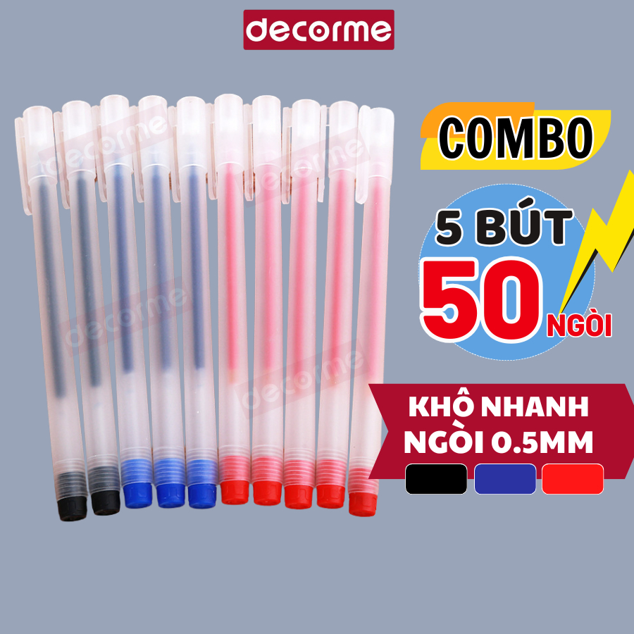 Combo 5 bút 50 ngòi Bút gel khô nhanh 3 màu đen xanh đỏ Decrome bút nước Muji bản dupe thay được ngòi 13cm