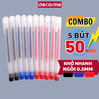 Combo 5 bút 50 ngòi Bút gel khô nhanh 3 màu đen xanh đỏ Decrome bút nước Muji bản dupe thay được ngòi 13cm