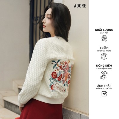 512BO1006  Bomber tweed trắng thêu hoa lưng  ADORE