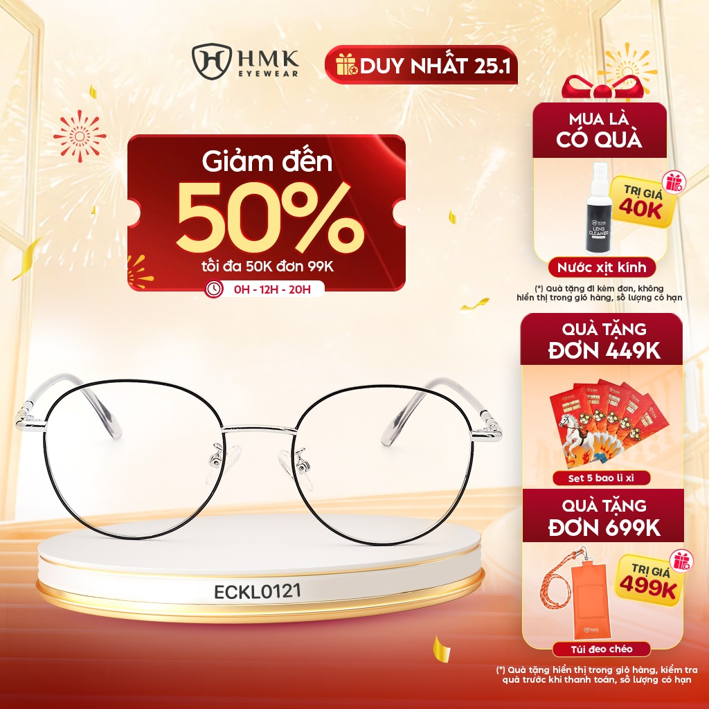 Kính Mắt Tròn HMK Eyewear Form Nhỏ Thời Trang Nam Nữ Kim Loại Hạn Chế Rỉ Có Thể Lắp Cận - ECKL0121