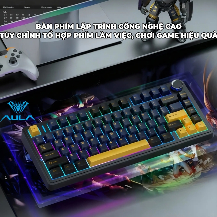 Bàn phím cơ 75% 1 mode có dây AULA F75 20 hiệu ứng LED ánh sáng, có hotswap 5 pin, núm xoay đa chức năng | BigBuy360 - bigbuy360.vn