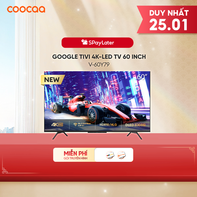 [Miễn phí lắp đặt HN-HCM] Google Tivi coocaa 4K-LED 60 Inch - Model 60Y79