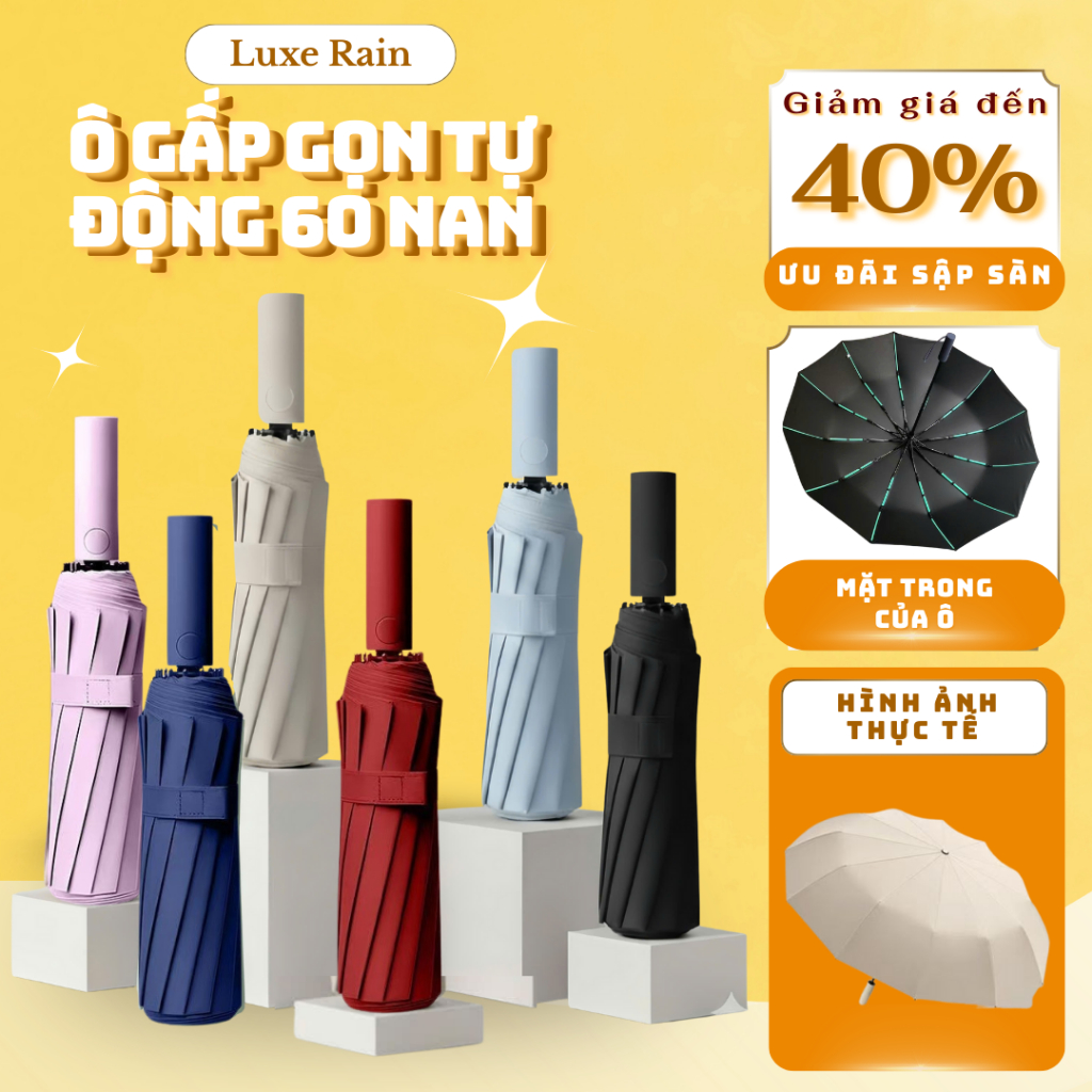 Ô GẤP GỌN TỰ ĐỘNG 60 NAN – CHỐNG GIÓ MẠNH, CHỐNG UV HIỆU QUẢ