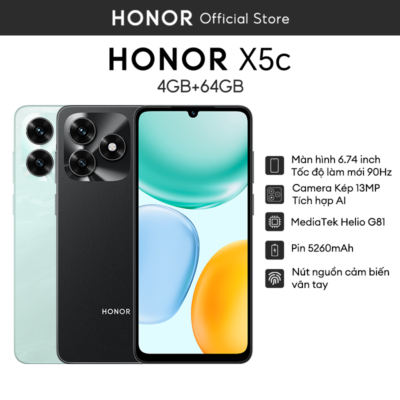[MỞ BÁN ĐỘC QUYỀN] Điện Thoại Honor X5c (4+4) GB + 64 GB | Màn Hình 6.74 inch | Pin 5260 mAh | Bảo Hành 18 Tháng | BigBuy360 - bigbuy360.vn