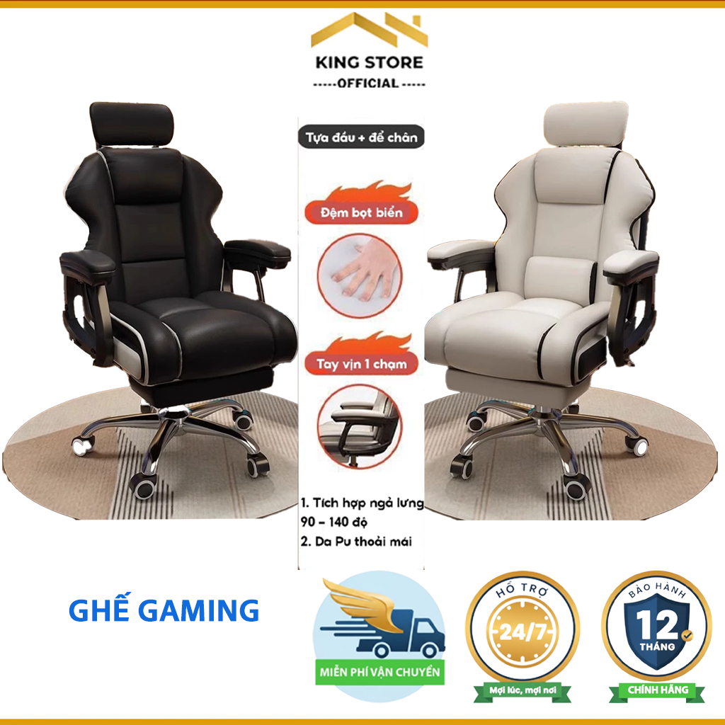 Ghế gaming công thái học bọc da PU cao cấp, ghế chơi game nhập khẩu có gác chân tựa lưng xoay 360 độ