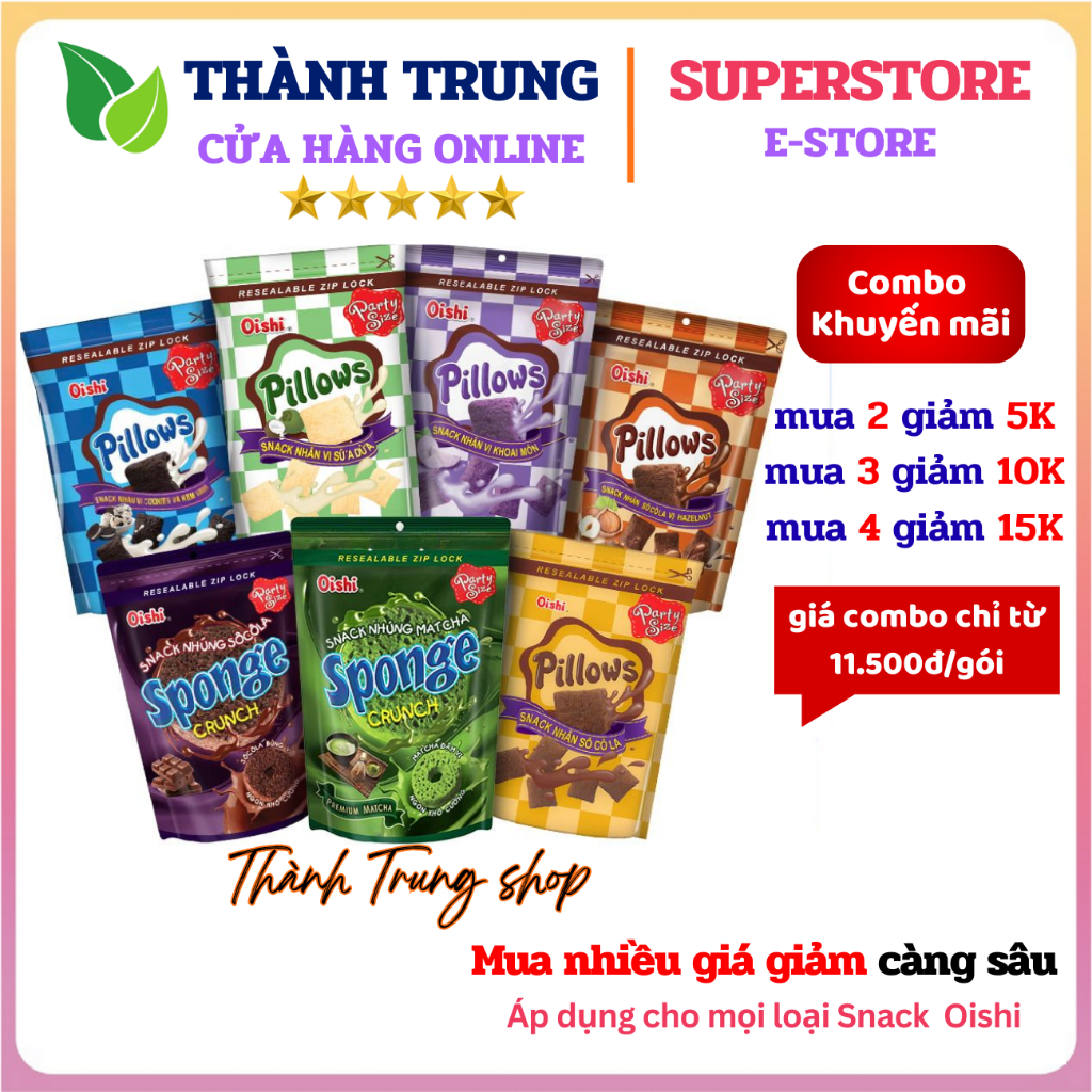 Combo 5 Gói Snack Nhân Kem Pillows Và Sponge Oishi Đủ Vị Túi Zip, Bim bim Oishi, Bánh gối Oishi