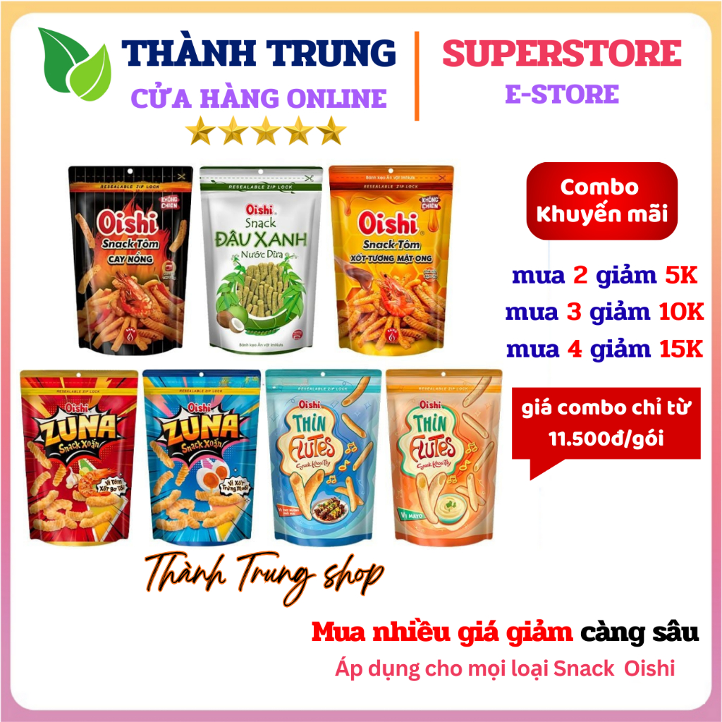 Thùng 10 Gói Snack Oishi Tôm cay nồng / sốt tương mật, Đậu xanh cốt dừa, Zuna Xoắn, Flutes khoai tây