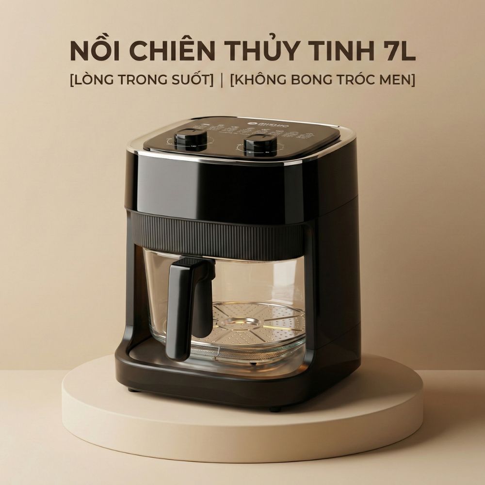 Nồi Chiên Không Dầu Lòng Thuỷ Tinh Mishio MK373 Dung Tích 7L, Lòng Thuỷ Tinh Không Lo Rỉ Sét - Bảo H