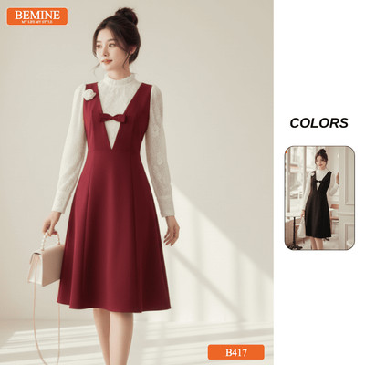 Đầm thiết kế BEMINE cổ trụ phối ren hoa mềm tay dài dáng chữ A phù hợp đi chơi-B417
